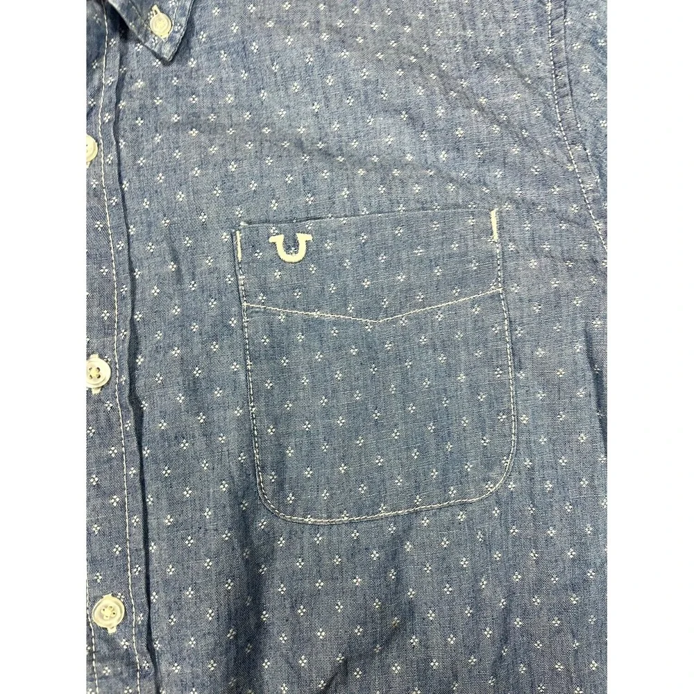 True Religion Shirt Mens XL Blue Chambray Cotton Geometric Back Box Button Down